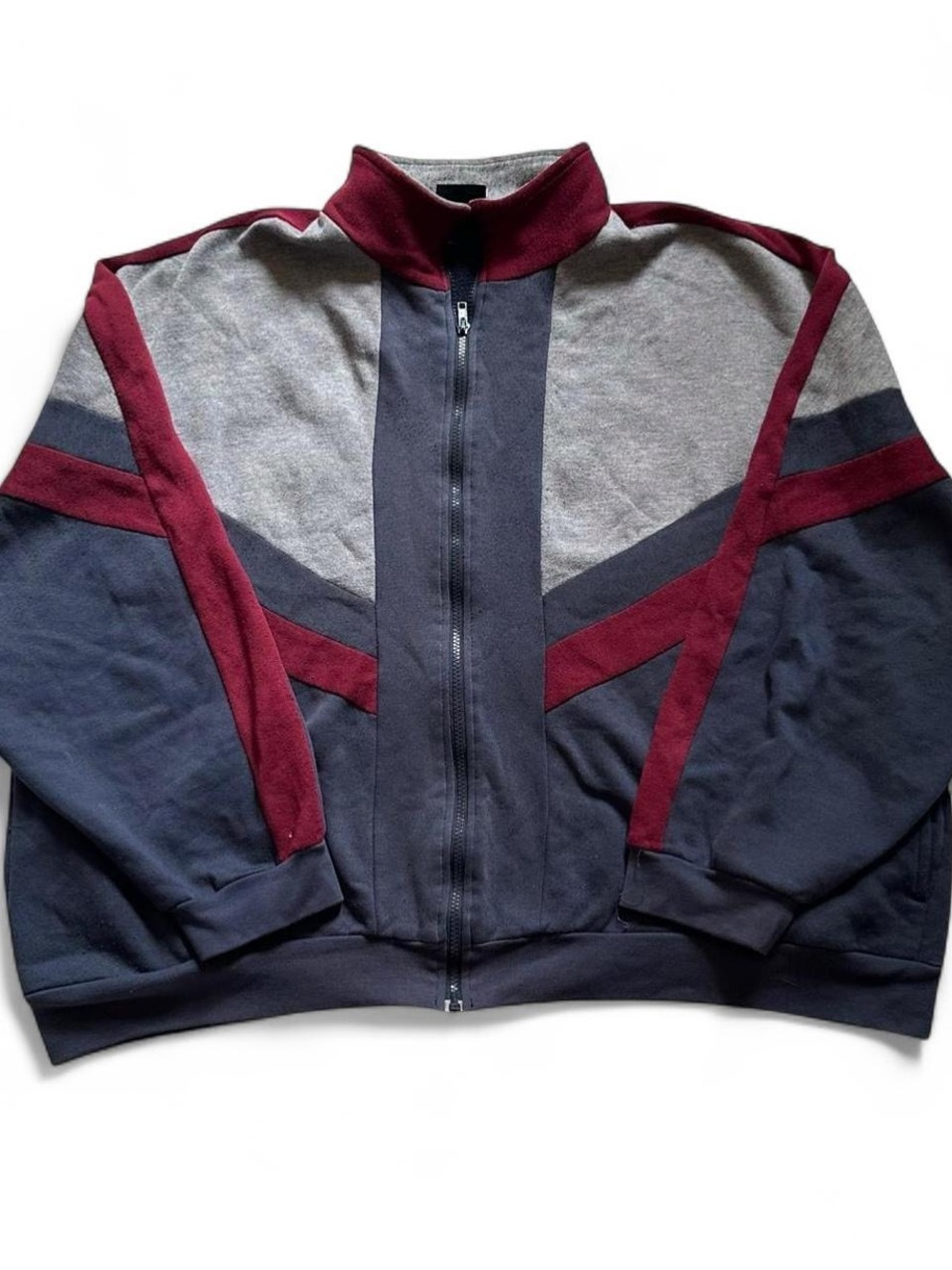 Vintage 90s Men's Zip-Front Colorblock Sweater Jacket - Burgundy, Navy & Gray 2X